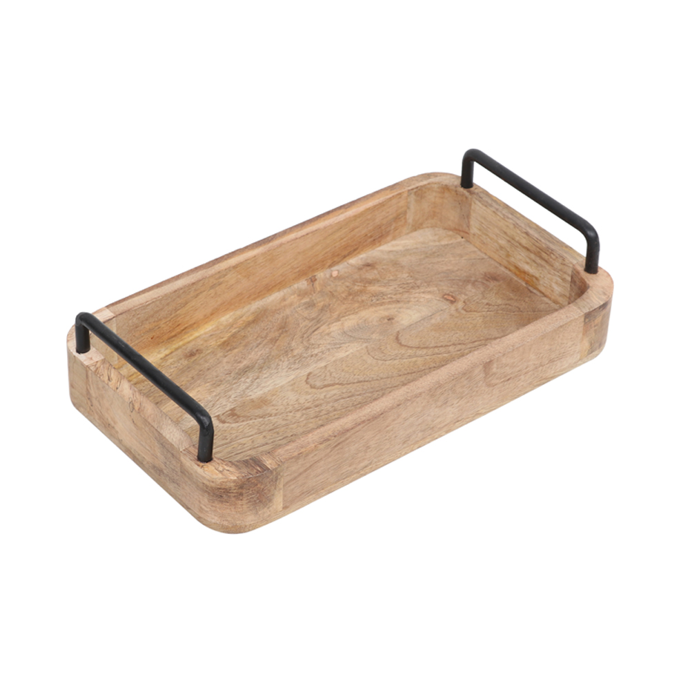 WOODEN SERVING TRAY WITH BLACK HANDLE