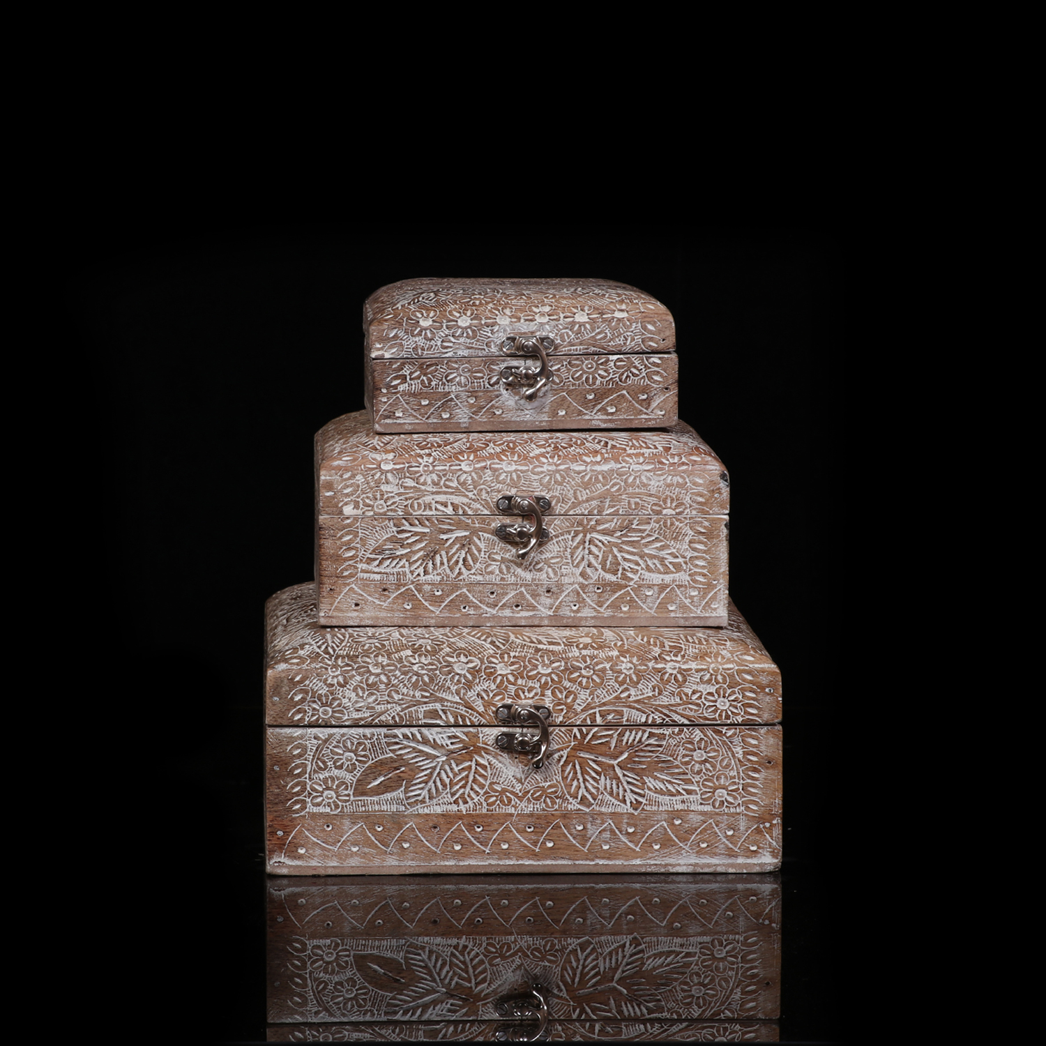 Whitewashed Hand Carved Wooden Box