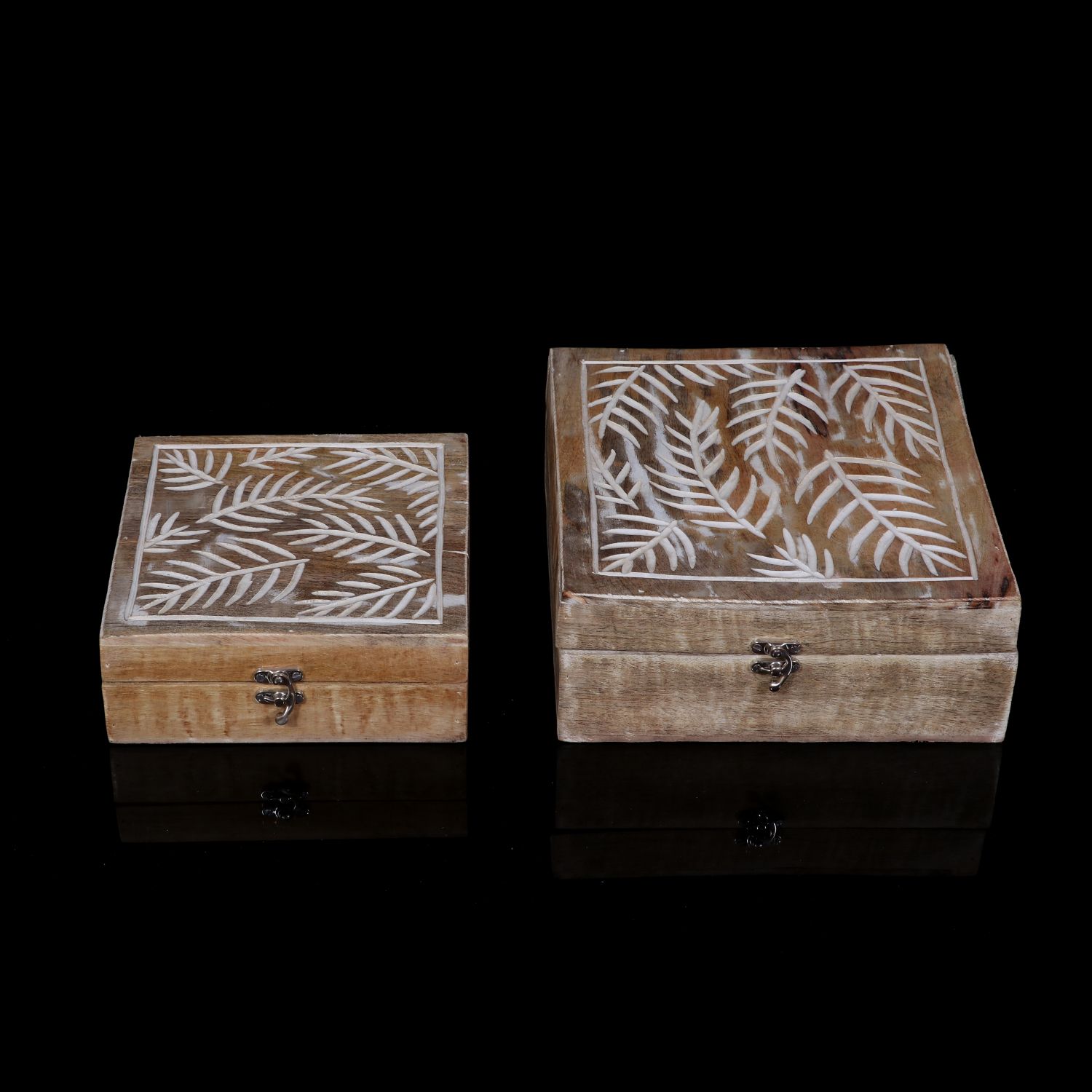 Light Wooden Carved Box Set Of 2