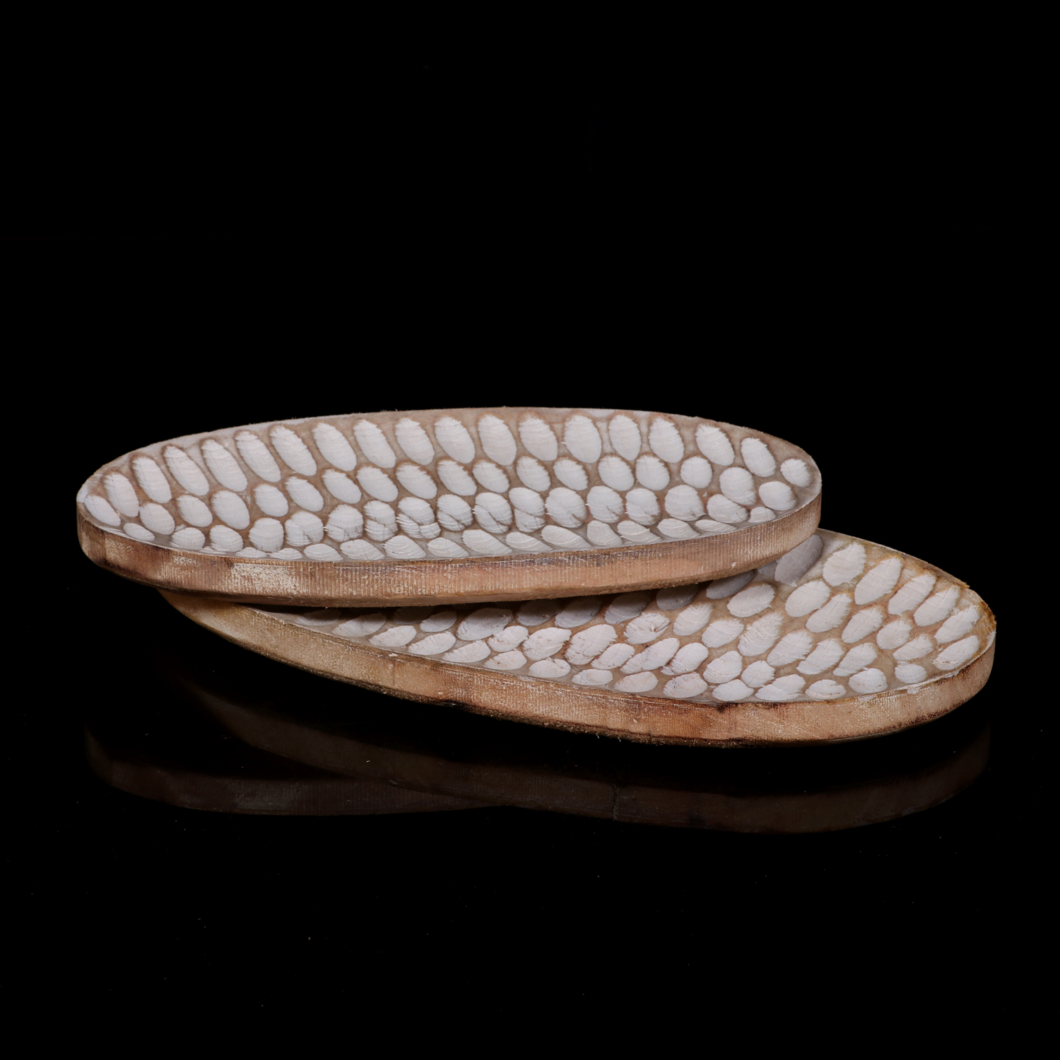 White Washed Carved Wooden Oval Trays