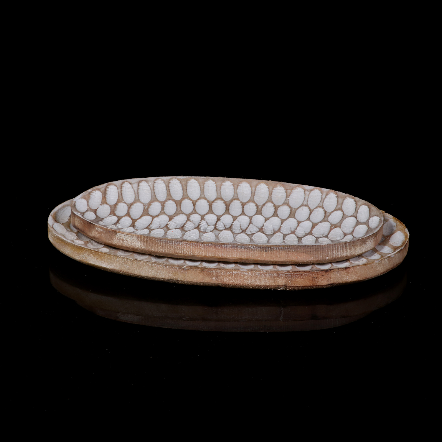 White Washed Carved Wooden Oval Trays